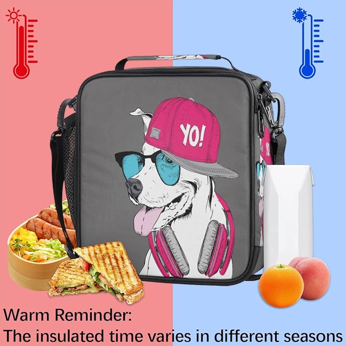 Grey Pink Dog Insulated Lunch Bag for Girls Boys Teen Funny Dog Reusable Lunch Box with Shoulder Strap Freezable Thermal Cooler Bag Meal Prep Boxs for School Travel Picnic Beach Lunch Pail