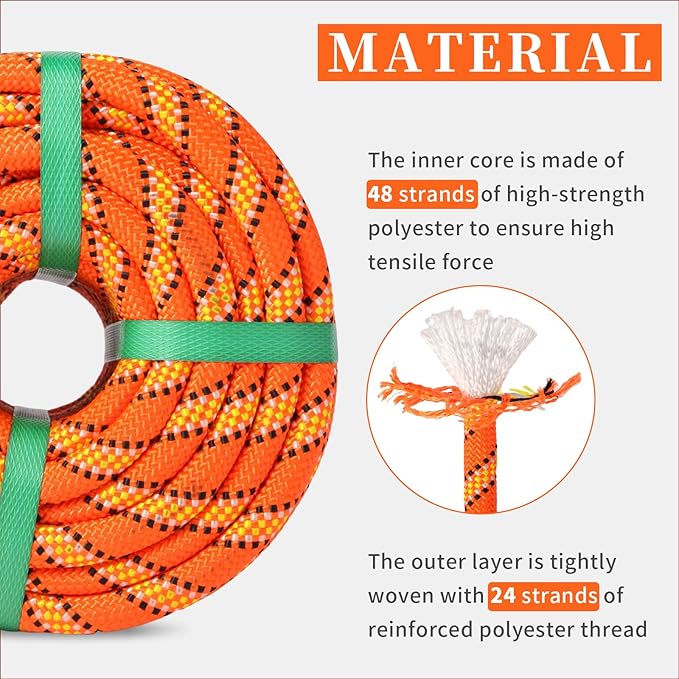 Arborist Rope Climbing Rope Swing for Tree(1/2in x 100ft) Logging Rope 48 Strands for Pull, Swing, Knot (Orange)