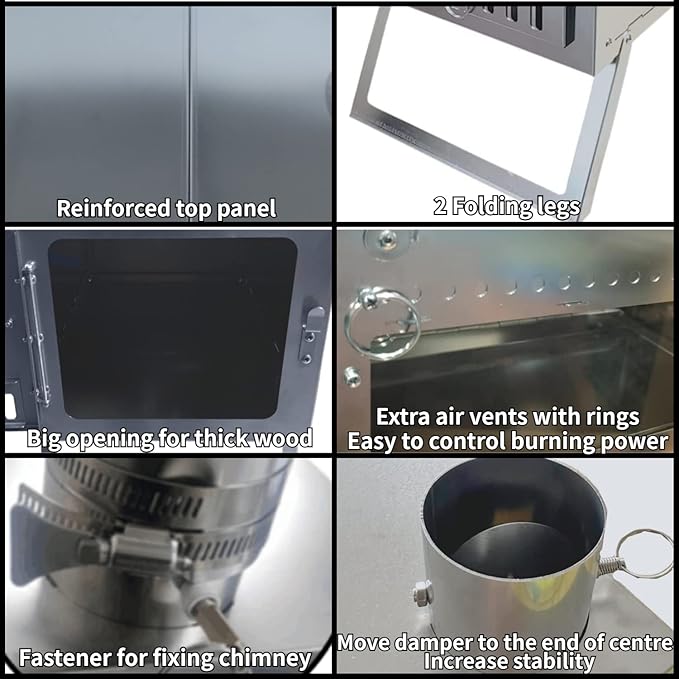 DANCHEL OUTDOOR S6/SSG Folding Camping Stove, 304 Stainless Steel Wood Burning Stove with 7.2ft Chimney, Portable Hot Tent Stove Solo Camping Survival Backpacking, Lightweight & Compact Design