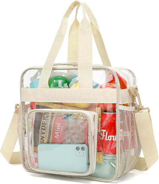 FlowFly Clear Bag for Stadium Events With Shoulder Strap for Women, Men, Large and Reusable Lunch Container, Work and Sporting Events, Travel 12x6x12 Clear Tote Bag, Clear#Biege