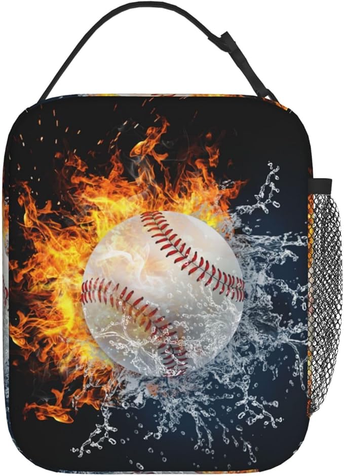 White Baseball Stitches Lunch Box,Cool Fire Water Sport Lunch Bag Sport Insulated for Men Women, Portable Kids Lunch Bag Reusable Baseball Cooler lunchbox for School Work Travel