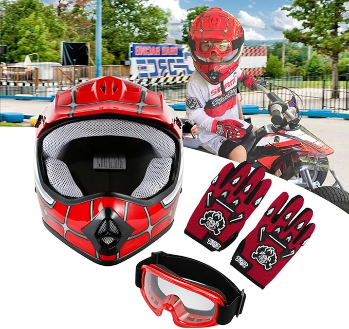 TCT-MOTORPARTS DOT Youth Motorcycle Four Wheeler Riding Racing Helmet Kids Motocross ATV Helmets Offroad Street Dirt Bike Go-Kart BMX MX Full Face Helmet Red Spider Medium Size