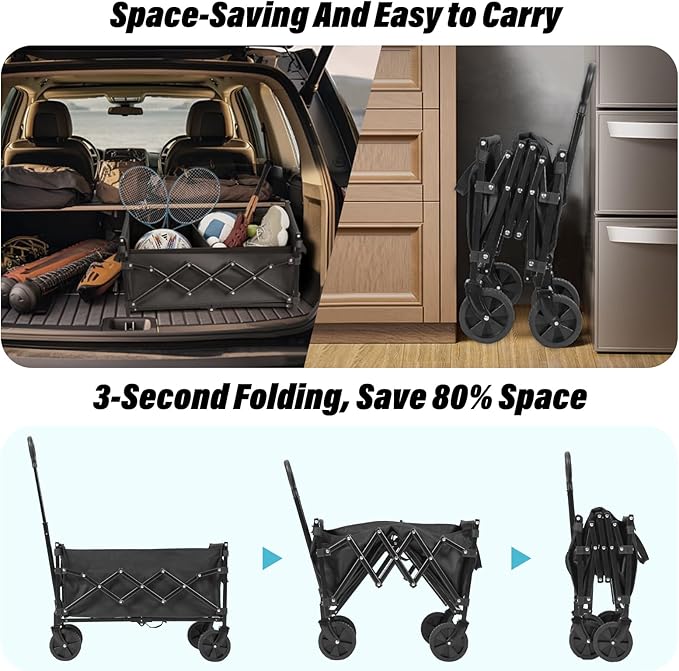 Collapsible Wagon Cart Foldable, 100L Portable Folding Wagon Cart with Wheels, Outdoor Lightweight Utility Carts with 350lbs Weight Capacity for Beach Grocery Camping Shopping, Black
