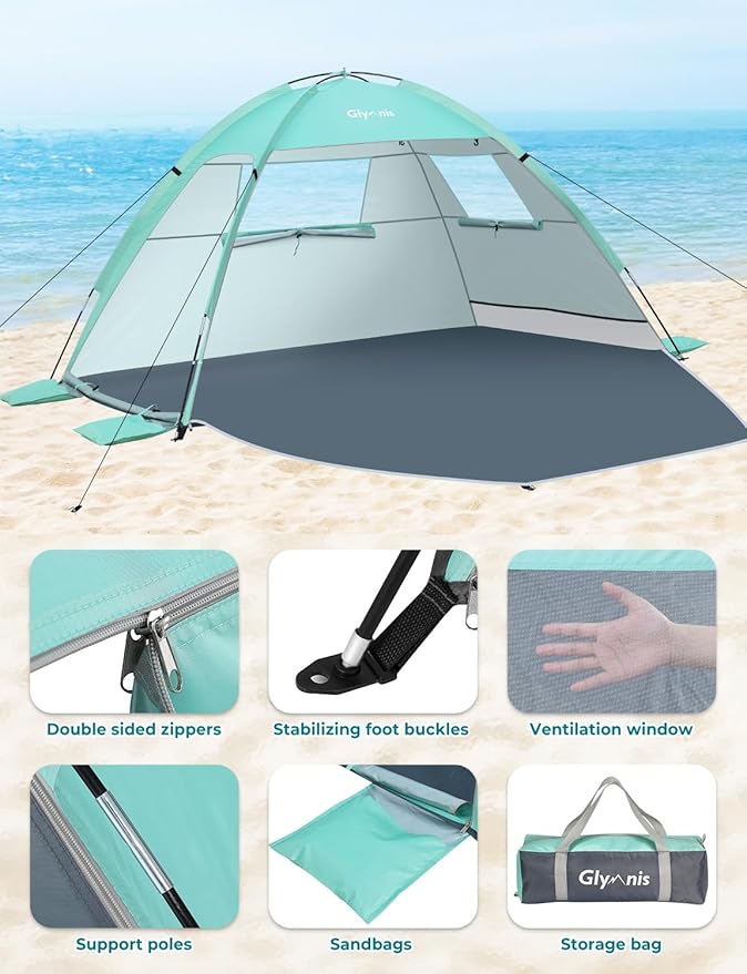 Beach Tent Sun Shelter for 3 Person with UPF 50+ UV Protection, Lightweight & Easy Setup Beach Shade Canopy with Vent Windows & Zippered Door