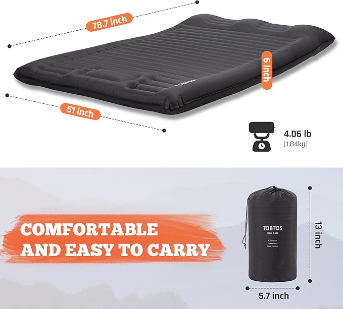TOBTOS Double Sleeping Pad for Camping, Extra Thick 6" Camping Mattress 2 Person with Pillow Built-in Foot Pump, Inflatable Sleeping Mat for Backpacking, Hiking, Traveling (Dark Grey)
