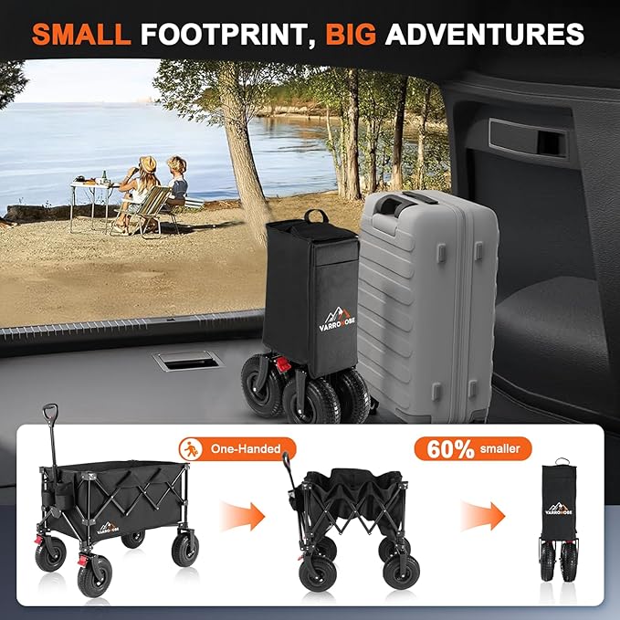 Big Rubber Wheels Beach Wagon Cart Foldable, 9x3 All-Terrain Wheels, Heavy Duty Collapsible Utility Wagon with 330lbs Capacity, Compact Storage, Easy Transport for Sand Camping Sports, Black