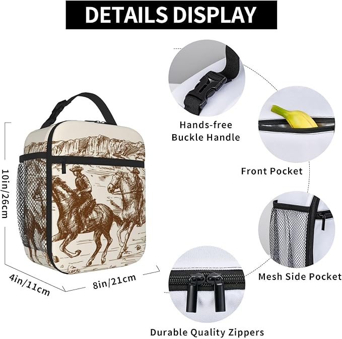 Western Desert Cowboy Vintage Insulated Lunch Bag Reusable Cooler Lunch Box Portable Leakproof Thermal Container Tote Bags for Girls Boys School Travel