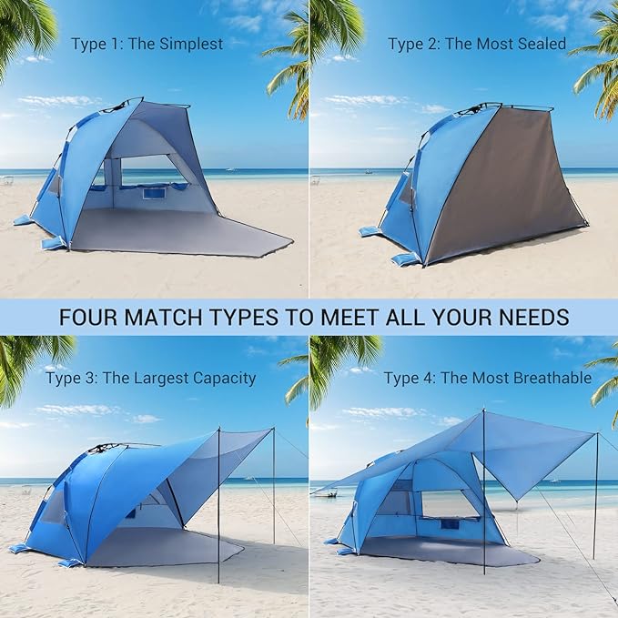 Elegear Beach Tent With 360 Removable Canopy, 4-6 Person Pop Up Sun Shade Shelter, UPF 50+ Automated Installation Double Silver Coating Portable Lightweight Cabana