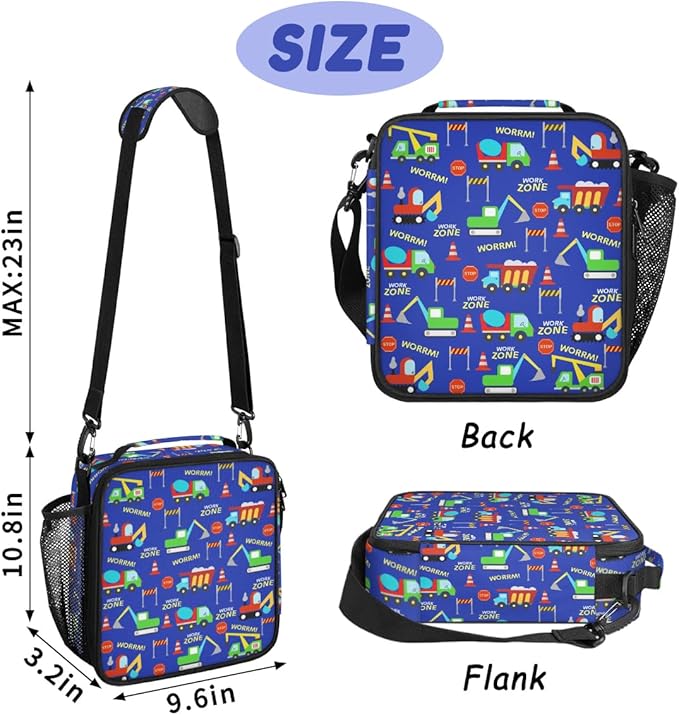 Insulated Lunch Bag for Boys - Reusable Lunch Box Water-Resistant Thermal Cooler Meal Tote Bag with Water Bottle Holder for School Picnic Travel (Construction Trucks)