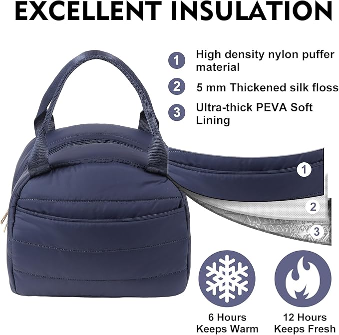 Lunch Bag Lunch Box for Women Men Adult Insulated Cute Small Quilted Puffer Lunchbox Reusable Thermal Lunch Cooler Tote Bag for Work, Picnic or Travel-Navy