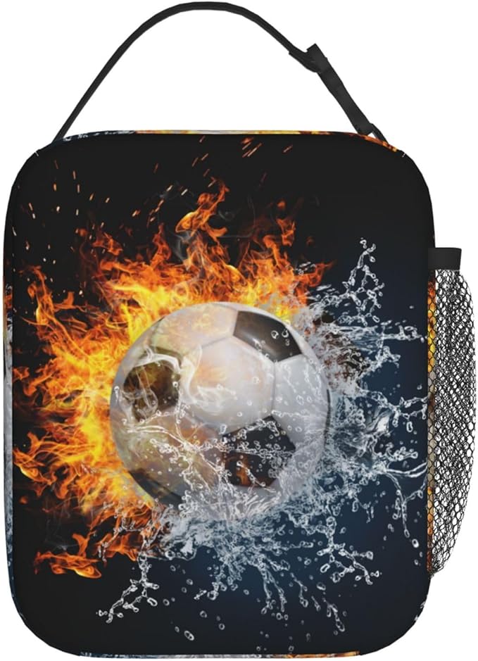 Insulated Durable Football Lunch Box with Shoulder Strap, Kids Adult Fire And Water Soccer School Lunch Bag, Lunch Tote Box Bag for Office School Picnic Beach Travel