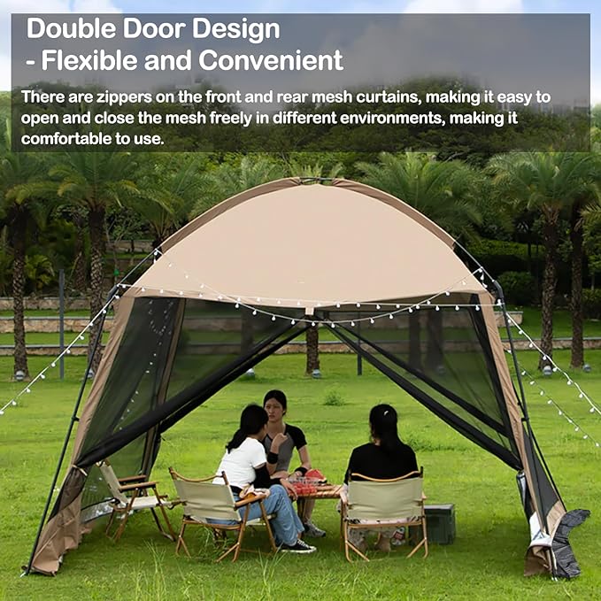 iCool Screen House 11 x 11 Ft Screened Mesh Net Wall Canopy Tent Screen Shelter Gazebos for Patios Outdoor Camping Activities - Beige