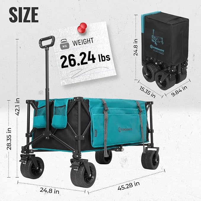 FUNDANGO 600lbs Collapsible Wagon, Foldable Beach Wagons Heavy Duty Garden Cart with Brakes, Side Pockets & All-Terrain Big Wheels for Sports Camping Shopping Groceries, Black/Blue