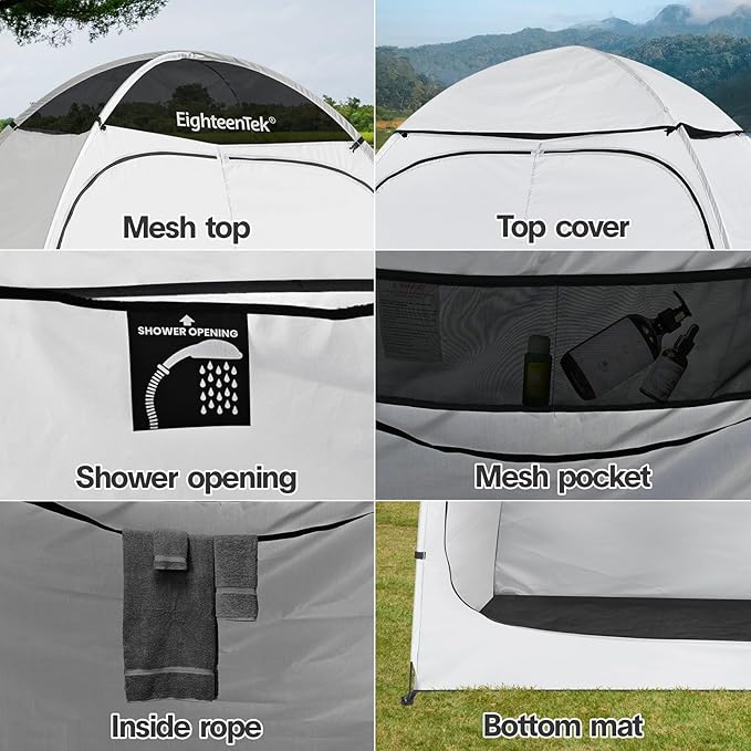 EighteenTek Shower Tent Camping, 2-Room Portable Changing Room, Outdoor Shower Enclosure, Pop Up Privacy Tent Shelter with Floor & Doors, Changing Tent, Camping Toilet, Bathroom