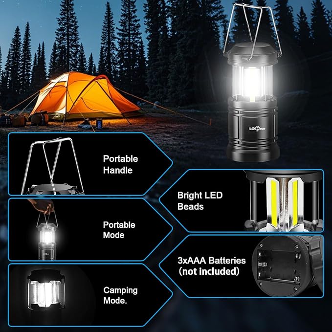 LED Camping Lantern, Battery Operated Lights, Adjustable Brightness for Camping, Power Outages, Emergencies, Outdoor Collapsible Lanterns, 4 Pack