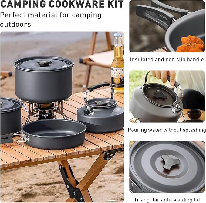 Camping Cookware Camping Cooking Set, Non-Stick Pots and Pans with Stove and Kettle, 2 Stainless Steel Plates, 2 Water Cups, 2 Sets of Knives and Forks, Spatula, Dish Towel, Backpack Storage Bag