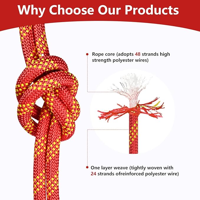 Arborist Rigging Rope - Red 1/2 in x 150 Ft Static Bull Rope for Climbing Tree Felling Pulling Various Outdoor Applications Construction Swing Sailing