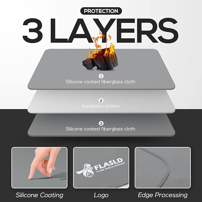 FLASLD Under Grill Mat, 32 X 60 inches Fireproof and Waterproof Pad for Charcoal Grills, Gas Grills, Oil Fryers and Smokers, Protective Deck and Patio Mat, Silver Gray