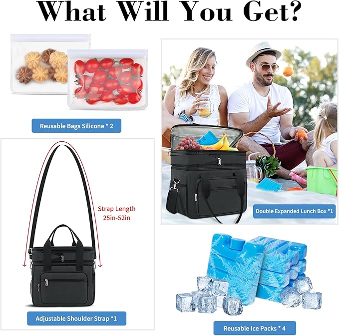 Coobiiya Lunch Box for Men Expandable Lunch Bag, 23L Large Cooler Lunch Box, Insulated Lunch Bag for Work/Adult with 4 Ice Packs&2 Snack Bags Double Deck Leakproof Heavy Duty bags for Women- Black