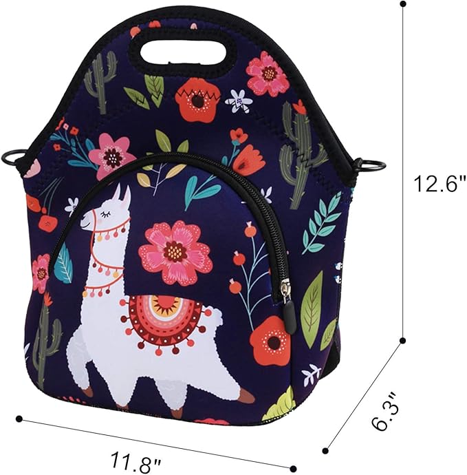 Violet Mist Neoprene Lunch Bag Reusable Insulated Cartoon Alpaca Snack Bags, 12.6"L x 11.8"H x 6.10"W, Adjustable Shoulder Strap, Waterproof, Eco-Friendly