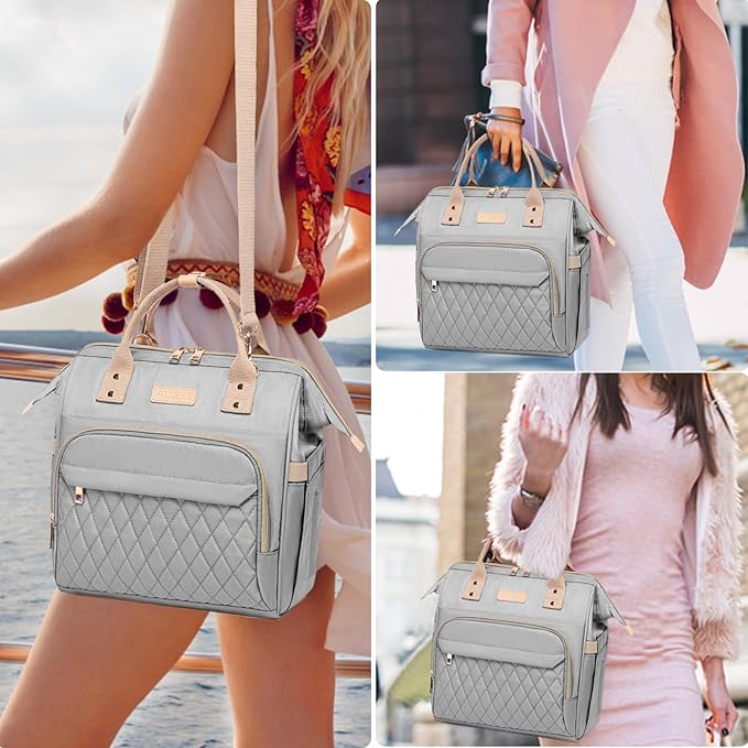 AIJIEKE Lunch Bag for Women, Large Lunch Box for Work Insulated Lunch Bag, Adult Leakproof Lunch Tote Cooler Bag with Side Pockets & Adjustable Strap, Lunch Purse for Picnic Beach Hiking, Grey