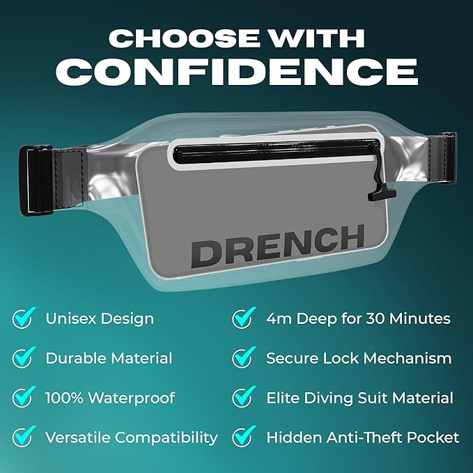 DRENCH 100% Waterproof Bag, Touchscreen Fanny pack, Transparent Cell Phone Case for Beach Essentials, IPX8 Underwater Pouches with Convertible Straps for Swimming and More, Fits iPhone Pro Max 15 SUP