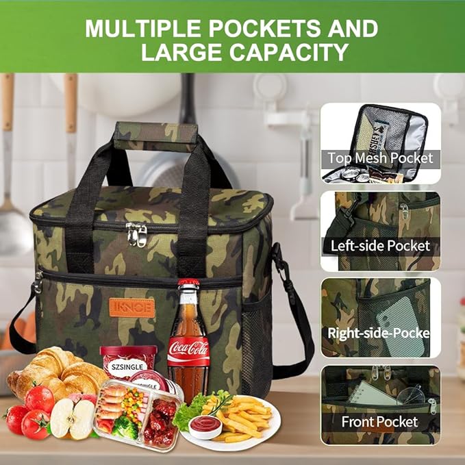 iknoe Large Cooler Bag Collapsible, 15L Insulated Bags, Leakproof Lunch Cooler Tote with Multi-Pockets for Adult, Insulated Lunch Box for Beach, Picnic,Work, Camo 24-Can