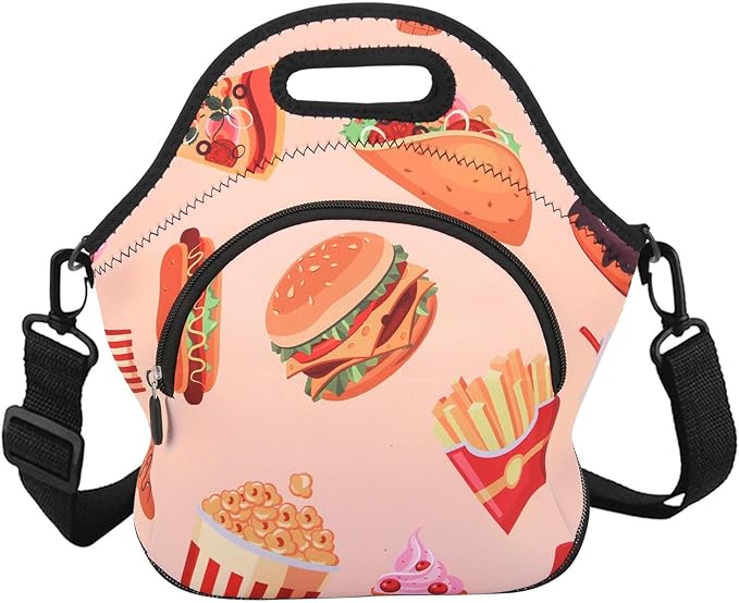 Violet Mist Neoprene Thermal Insulated Lunch Bag Tote Large with Extra Pocket Detachable Adjustable Shoulder Lunchbox Handbags Women men, Hamburger