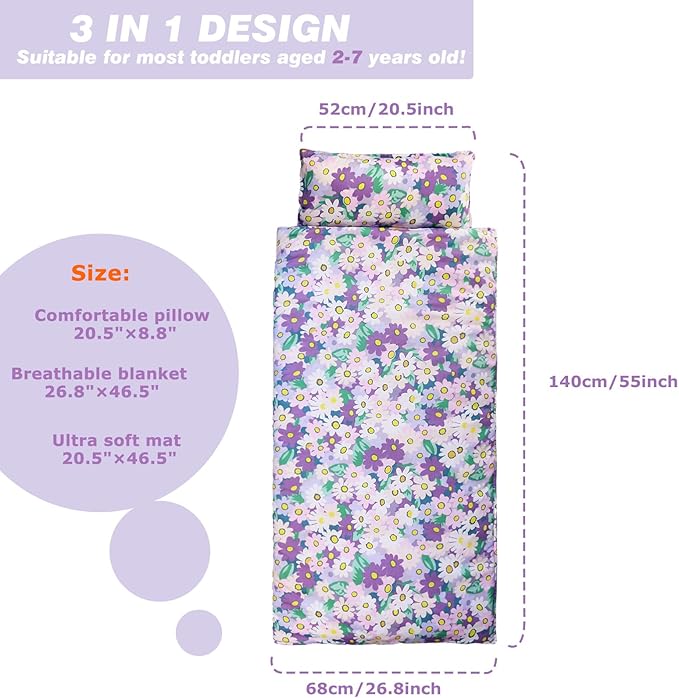 Toddlers Nap Mat with Removable Pillow and Soft Blanket, Lightweight Daycare Preschool Kindergarten Sleeping Bag, Travel Slumber for Kids Girls Boys