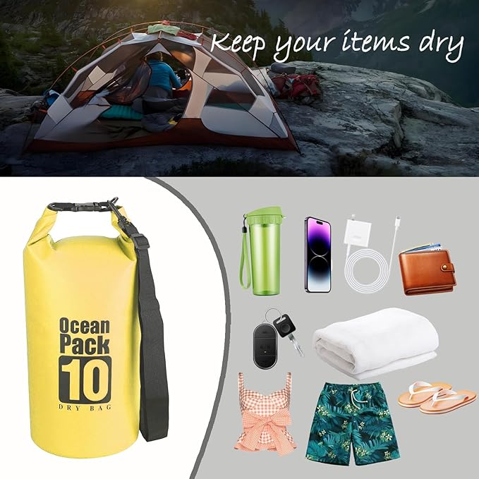 Floating Waterproof Dry Bag Backpack 5L/10L/20L, Roll Top Bag for Kayaking, Rafting, Boating, Swimming, Camping, Hiking, Beach, Fishing, Waterproof Beach Bag. (Yellow, 10L)