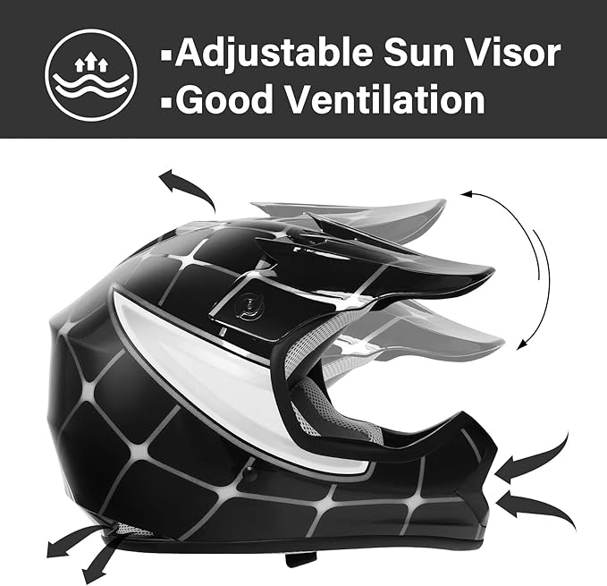 TCT-MOTORPARTS DOT Youth Kids Motocross ATV Helmets Offroad Street Dirt Bike Go-Kart BMX MX Full Face Helmet Black Spider Medium Size