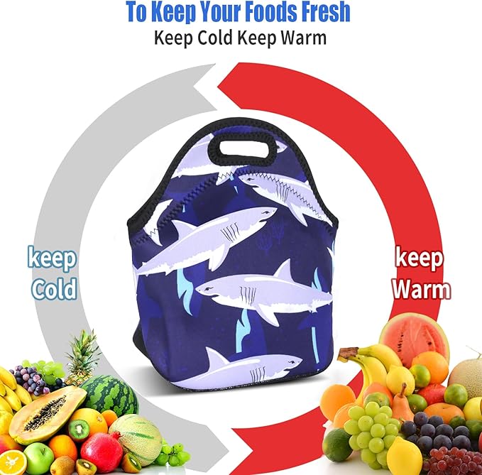 Violet Mist Blue Neoprene Lunch Bag Tote Shark Large Insulated Lunch Containers Waterproof Soft Thermal Lunch Box for Men Women Washable Cartoon Reusable Bento Bag for Adult Picnic Work Travel, Shark1