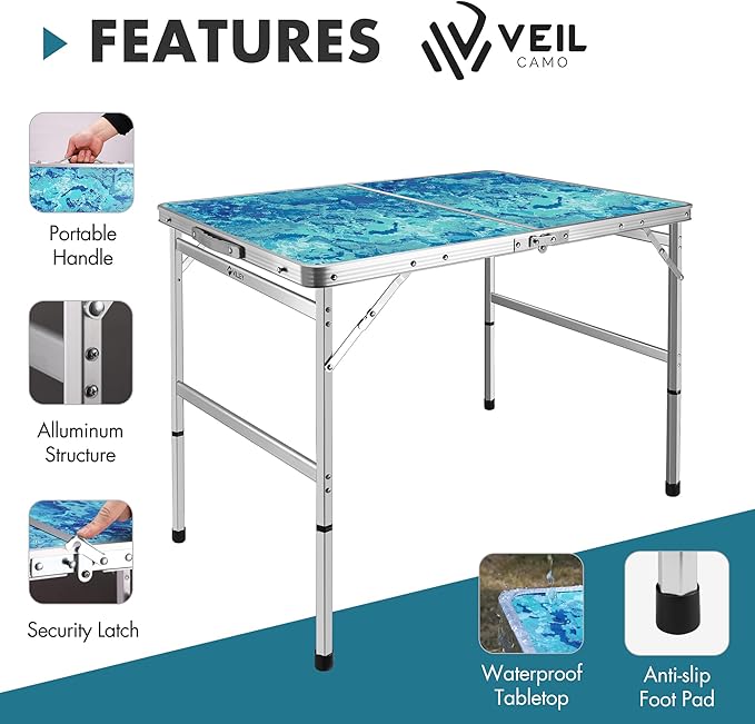 VILLEY Folding Camping Table 3FT, Adjustable Height Portable Aluminum Table with Handle, Lightweight Foldable Table for Outdoor Picnic BBQ Travel Camping Indoor Use