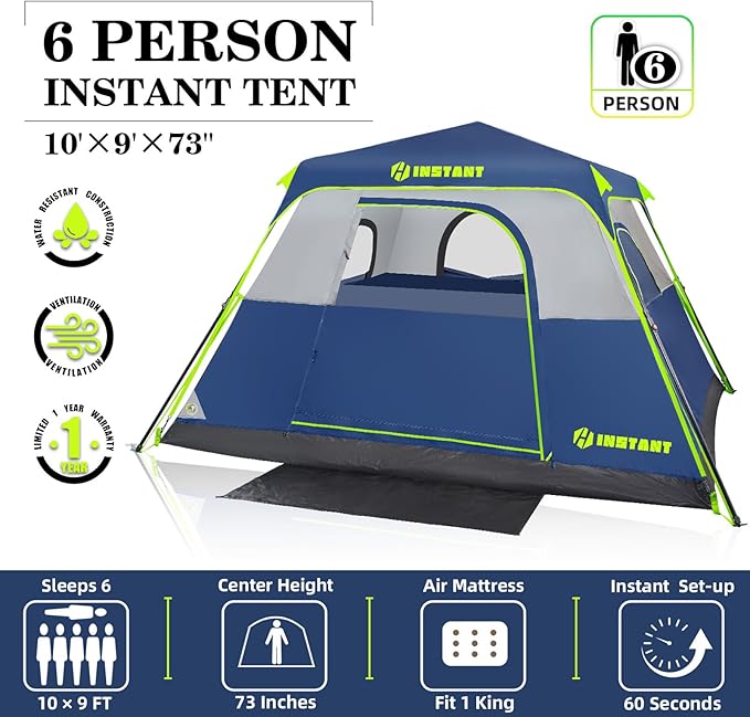 4/6 Person Instant Tent, Waterproof Pop Up Tents for Camping with Rainfly, 60 Seconds Easy Setup, Automatic Cabin Tent for Family Camping with Expandable Carry Bag & Upgraded Ventilation