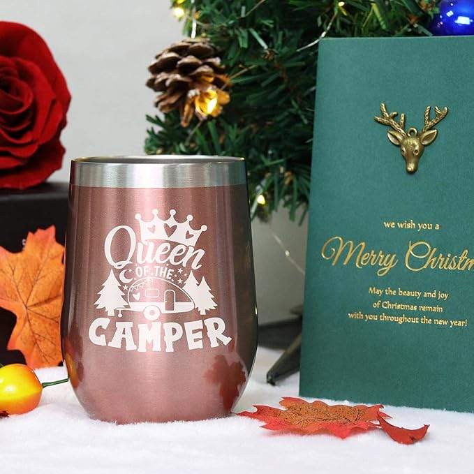 Queen of The Camper Wine Tumbler, Camping Coffee Mug Cup, Women Campers Stemless Tumblers with Lid Stainless Steel Insulated Vacuum 12 Oz, RV Gifts for Camping Lovers Outdoors Hiking