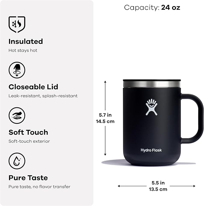 Hydro Flask Coffee Mug – Insulated Stainless Steel, Non Spill, Leak Proof Travel Mug 24 Oz Birch Gray