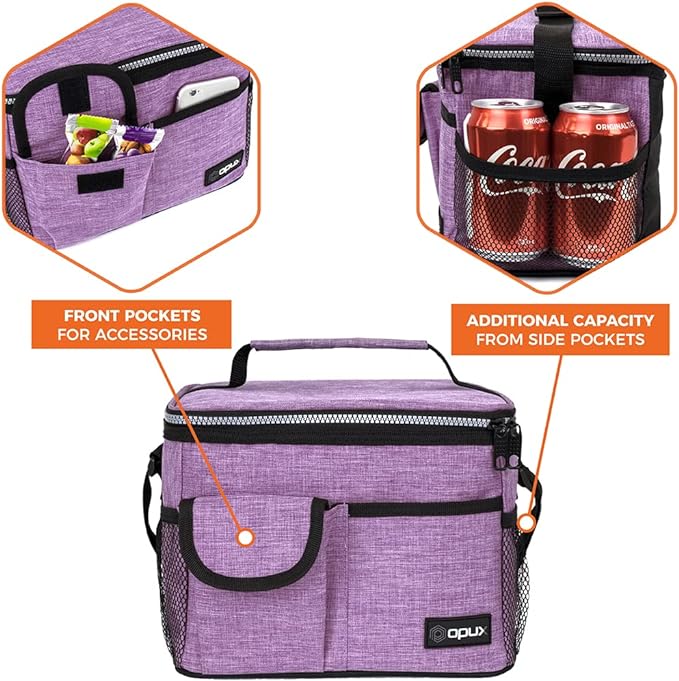 opux Insulated Lunch Bag for Men Women, Leakproof Heather Purple Lunch Box for Work, Portable Soft Lunch Cooler Bag with Shoulder Strap, Adult Lunchbox Lunch Pail for Kid Boy Girl School, 14 Can/8L