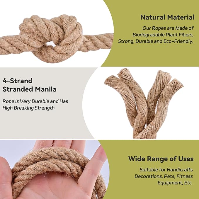 Natural Hemp Rope 3/4 inch 50Ft Thick Twisted Manila Rope Heavy Duty Jute for Crafts, Porch Swing, Tug of War, Nautical, Home Decorating, Railing, Docks, Landscaping