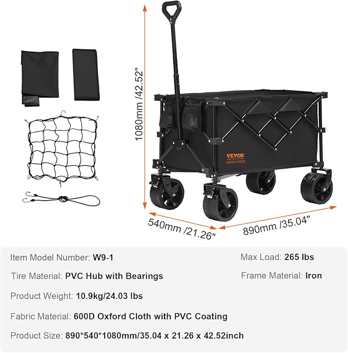 VEVOR 350LBS Collapsible Folding Outdoor Utility Wagon, 150L Heavy Duty Foldable Wagon Cart for Grocery Camping, Portable Utility Beach Wagon with Big Wheels for Garden Sports 35 x 21.3 x 42.5 in