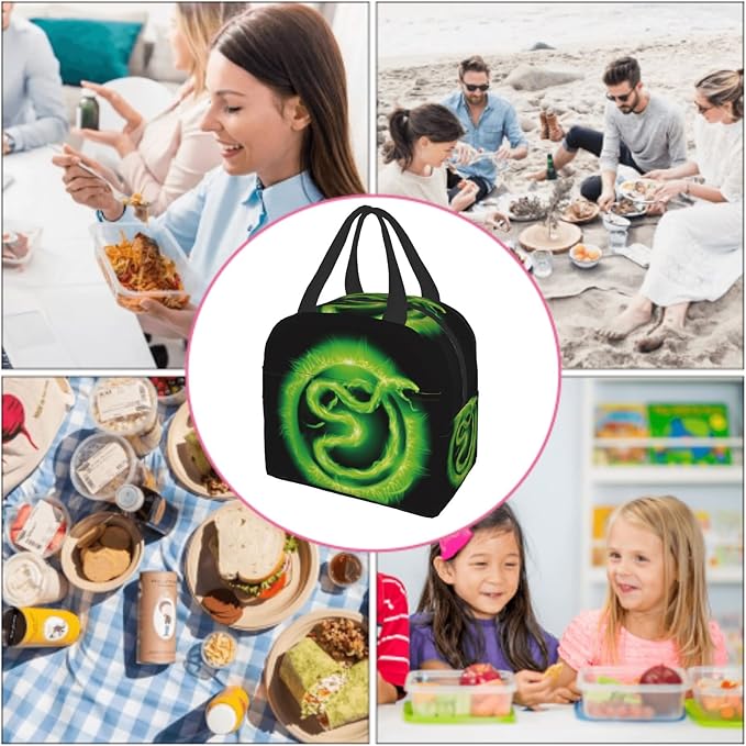 Giwawa Green Fire Snake Lunch Box, Insulated Lunch Cooler Tote Bags for Kids, Reusable Thermal Food Container Handbags for Teens Men Women Picnic Travel