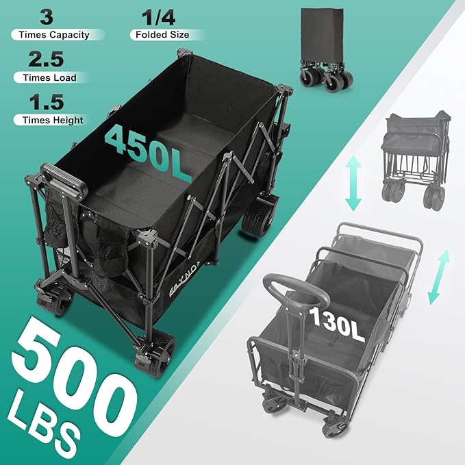 450L Double Decker Wagon with 500lbs Weight Capacity, Utility Wagon Cart Heavy Duty,with Big All-Terrain Beach Wheels & Drink Holders,for Camping, Garden, Sports, Beach, Shopping,Black