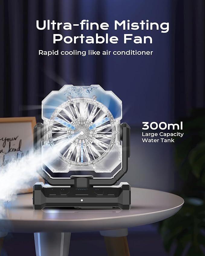 Portable Misting Fan, Camping Fans with Remote, 24000mAh Rechargeable Battery Cooling Fan for Outdoors Patios, Rechargeable Fans 270° Adjustable, Hanging & Lighting for Outdoor Indoor cooling
