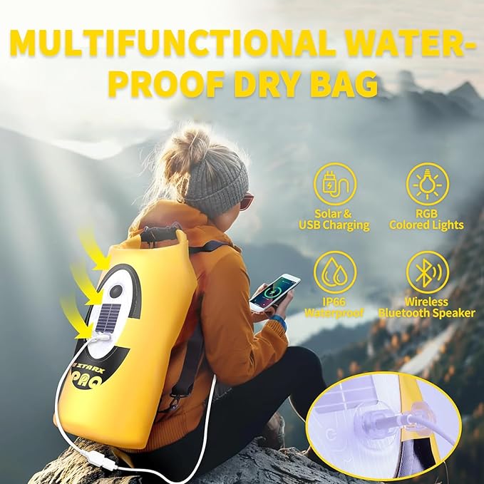20L Solar Dry Bag Backpack with Bluetooth Speaker,4 Lighting Mode LED Storage Bag,Solar or USB Rechargeable,IP66 Waterproof for Fishing Hiking Floating