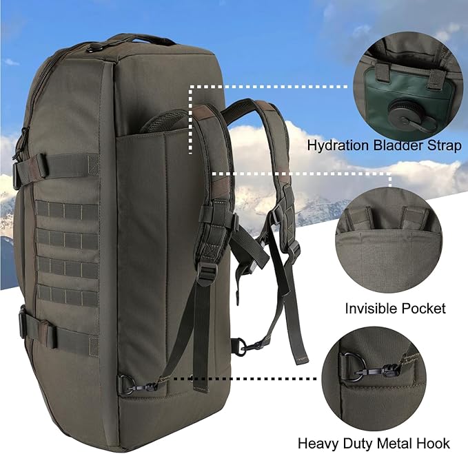 Travel Gym Duffle Bag Tactical, Gear Backpack for Men Women, Large Duffle Hand Bag for Travel, 3 in 1 Shoulder Backpack for Sports Hiking Camping, Water Resistant & Easy Clean (Army Green, 55L)