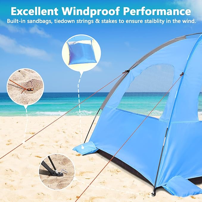 NXONE Beach Tent Sun Shade Shelter for 2-3 Person with UV Protection, Extended Floor, 3 Mesh Roll Up Windows & 8.0mm Fiberglass Rods丨Carry Bag Included (Sky Blue)
