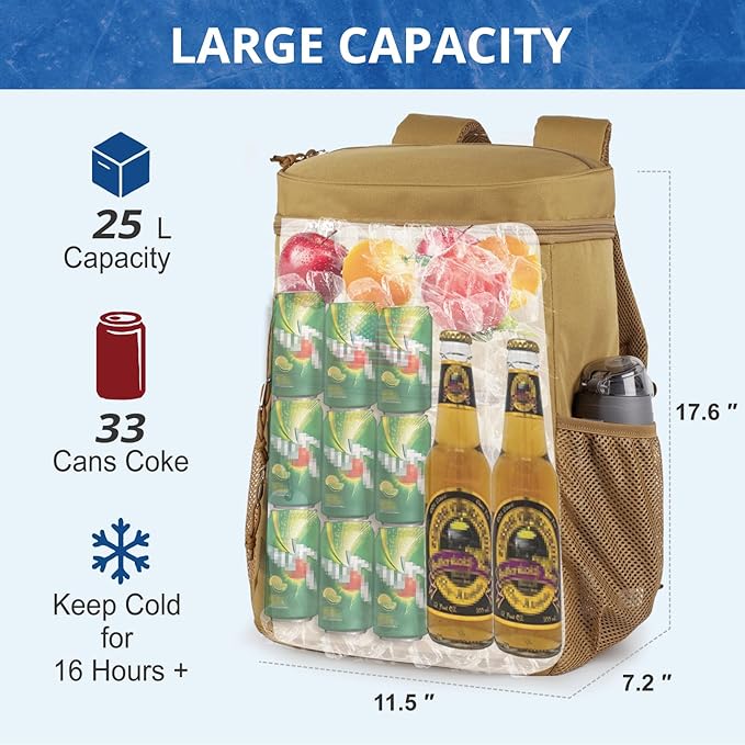 Tactical Backpack Cooler for Men, 25L Large Insulated Backpack Leak-Proof, Heavy Duty Lunch Backpack, Waterproof Ice Chest Bag Women Adults Work Daytrip Camping Beach Hiking
