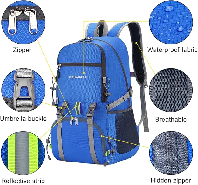 WEREWOLVES 20/35L Lightweight Hiking Backpack, Ultralight Water Resistant Packable Daypack for Women Men