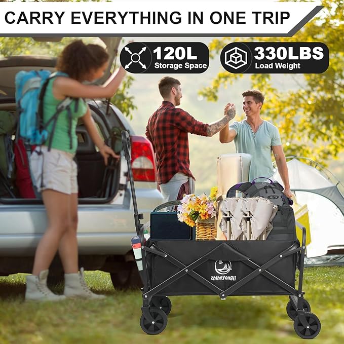 Folding Wagon Cart, Portable Large Capacity Beach，Heavy Duty Utility Collapsible with All-Terrain Wheels，Cart Foldable Wagon for Camping,Shopping,Beach, Garden (Black)