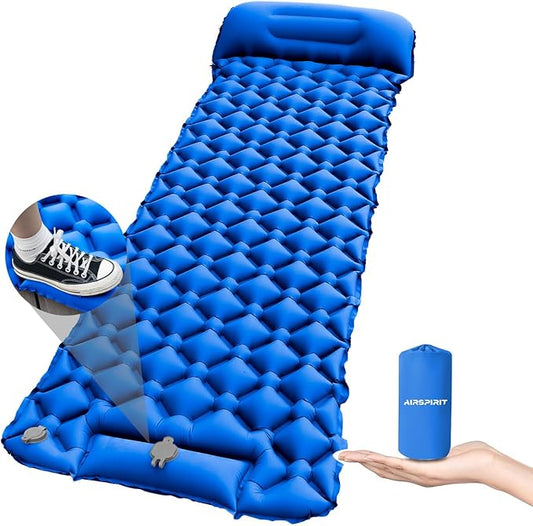 Inflatable Sleeping Pad with Pillow for Camping-Built in Foot Pump Fast Inflation-Ultralight Upgraded Durable Compact Sleeping Mat Moisture Proof Air Mattress for Backpacking,Hiking,Travel,Tent