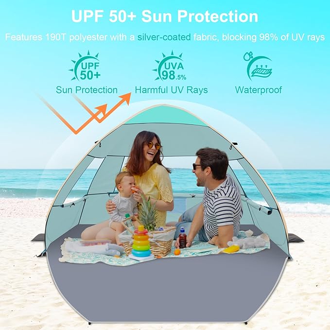 Gorich Easy Pop Up Beach Tent for 3-4 Person, UPF 50+ UV Protection Beach Umbrella Sun Shelter, Portable Lightweight Cool Cabana Shade with Easy Foldable & Instant Setup